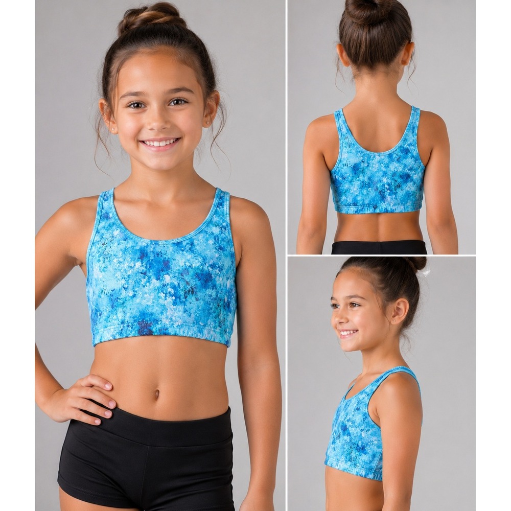 Dynami Girls Sports Bra Blue Watercolor Abstract Athletic Crop Top CXS